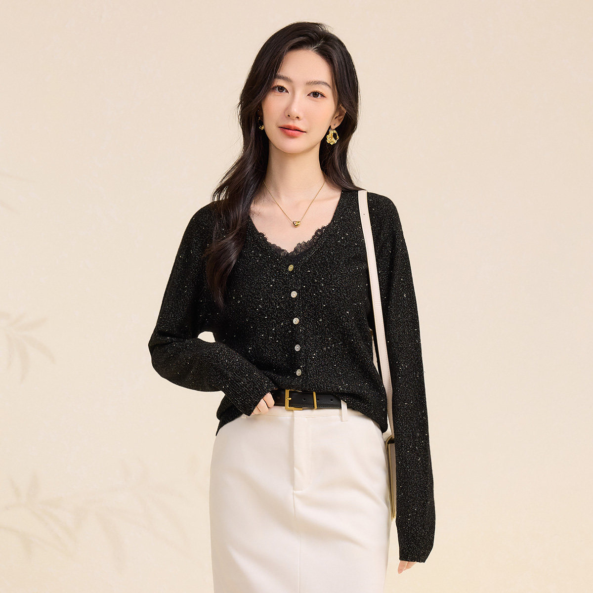 春竹26春秋新款100%羊毛外套女毛衣开衫V领金丝洋气减龄休闲保暖