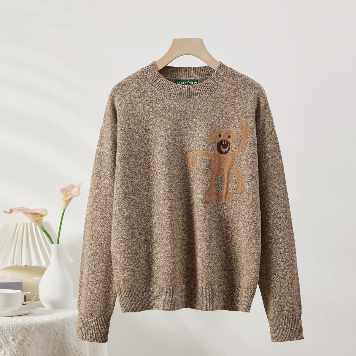 春竹2026春季新款100%绵羊毛半高领毛衣女套衫时尚卡通针织羊毛衫