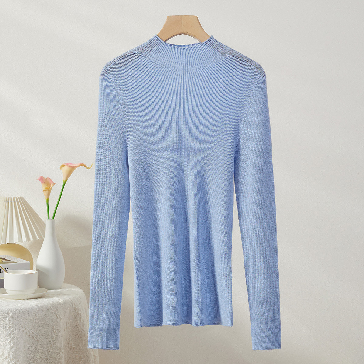 春竹秋季新款羊绒羊毛混纺圆领修身显瘦高级感减龄打底衫女针织衫