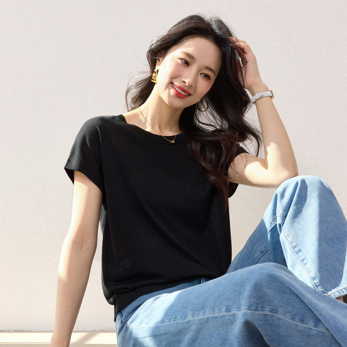 春竹早秋新款含桑蚕丝圆领上衣连肩透气休闲短袖T恤女薄款针织衫