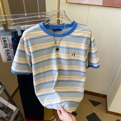 300斤大码男装韩版撞色条纹T恤