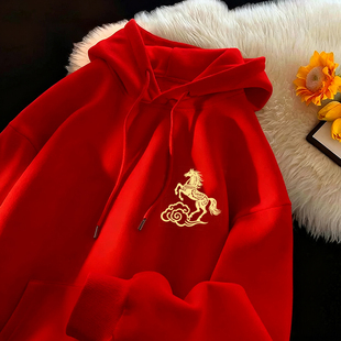 大码300斤连帽红色卫衣男女款印花青少年2026马年本命年衣服外套2