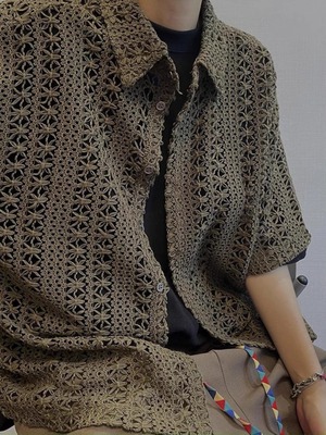 加大码300斤复古军绿色镂空透气上衣男女装夏季宽松度假短袖衬衫2