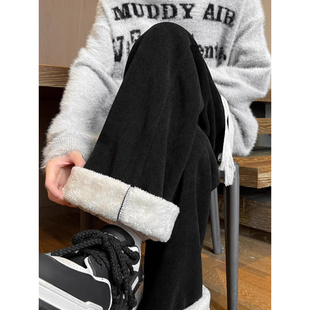 宽松大码300斤毛绒绒卫裤男秋冬季加绒加厚灯芯绒裤子美式阔腿裤