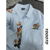 特大码 潮牌设计感高级情侣外套2 夏季 300斤蓝色卡通刺绣衬衫 男女装