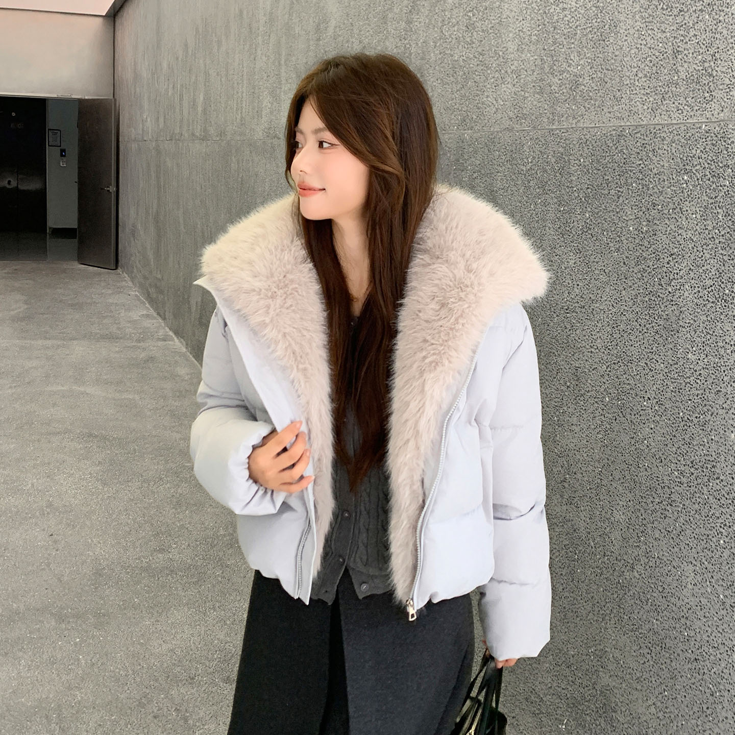 鸭鸭翻毛领小个子面包加厚棉衣女