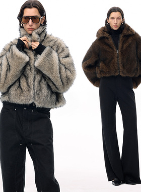 ISSIofficial*立领短款麂皮绒内里环保皮草外套