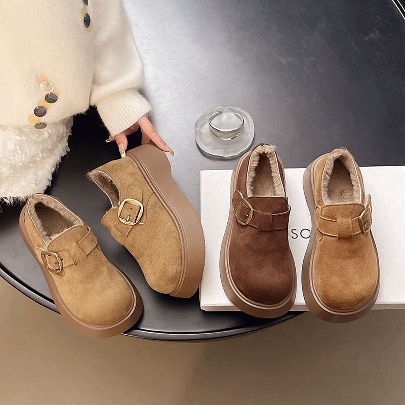 厚底博肯鞋加绒保暖皮毛一体雪地靴女时尚新款冬季复古一脚蹬棉鞋