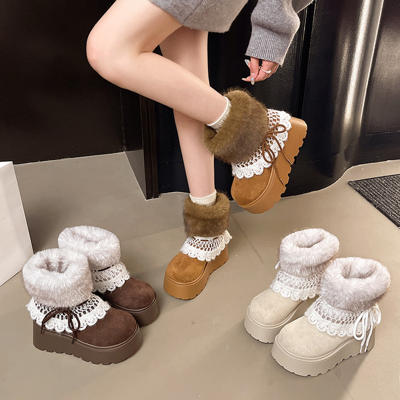 毛毛雪地靴女2025冬季新款复古保暖加绒短筒靴东北粗跟舒适棉靴潮
