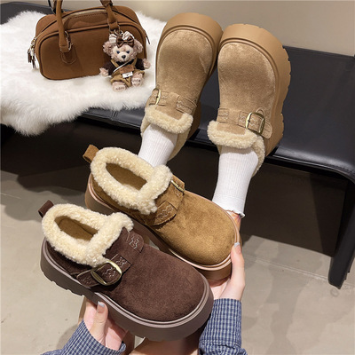 勃肯加绒厚底棉鞋女2025秋冬季新款加厚绒保暖毛毛乐福鞋雪地棉鞋