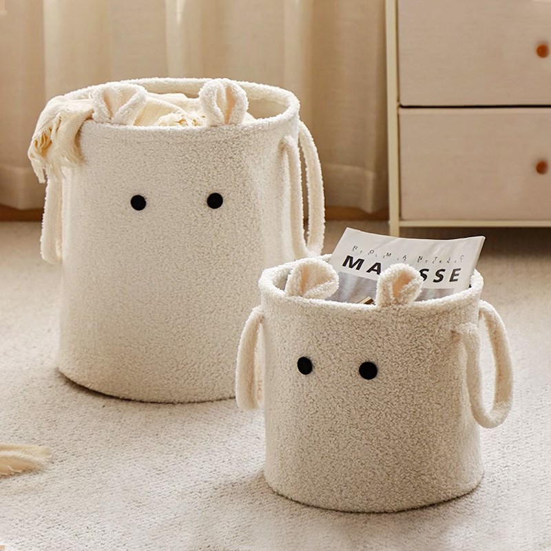 客厅卧室羊羔毛储物筐篮衣物玩具收纳桶可爱卡通双提手家用大容量