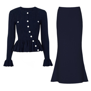 知性学术风~春秋新款时尚网红针织女式上衣外套 +半身裙套装