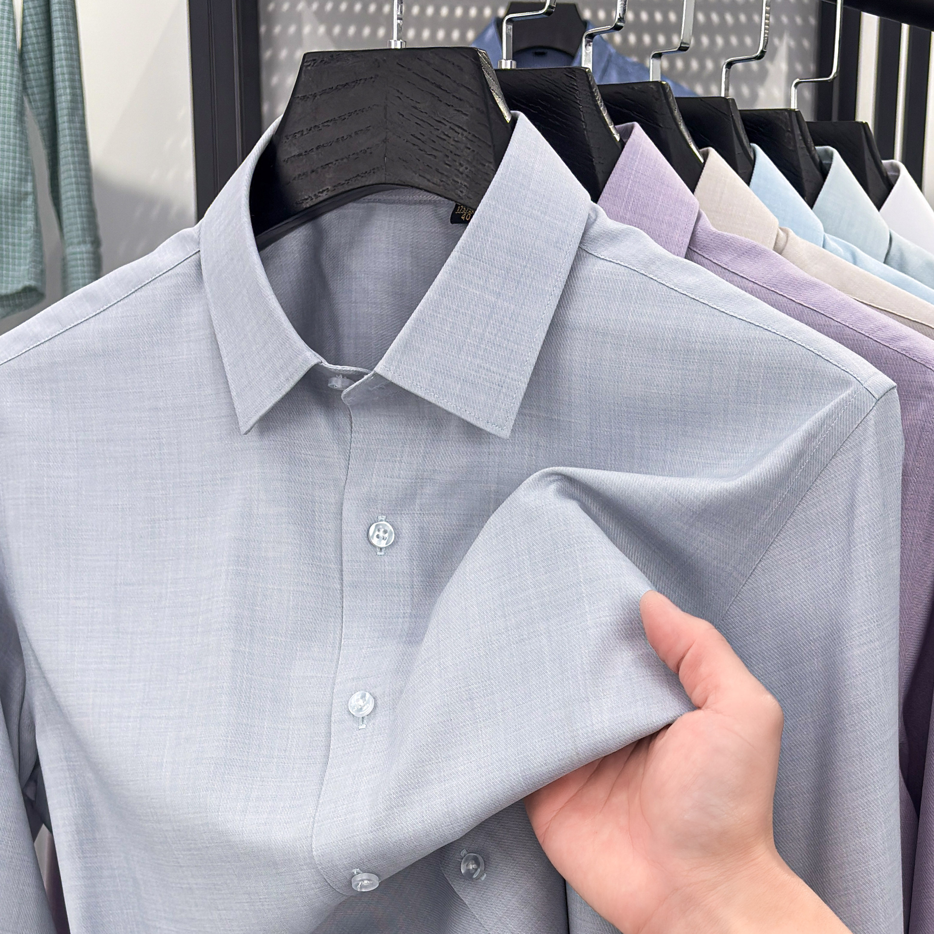 【宾霸铜氨丝】高档春季新款长袖白衬衫男士抗皱商务休闲免烫衬衣