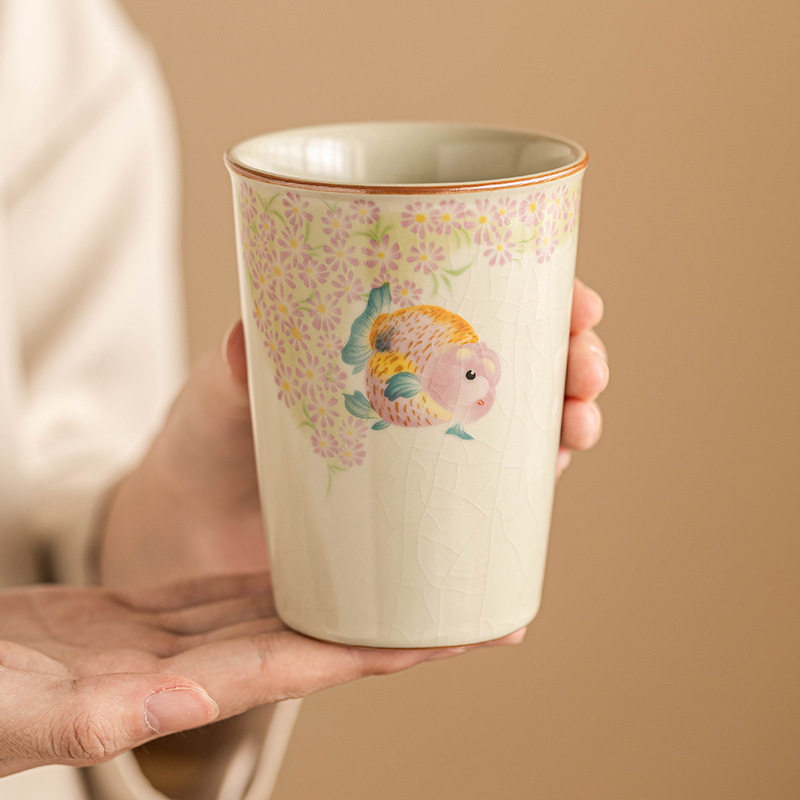 中式汝窑茶杯功夫茶品茗杯高档陶瓷可乐杯金鱼高档复古米黄单杯
