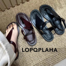 LOPQPLAHA}lP复古斜面罗马女外穿平底休闲凉鞋夹脚人字凉拖鞋时装