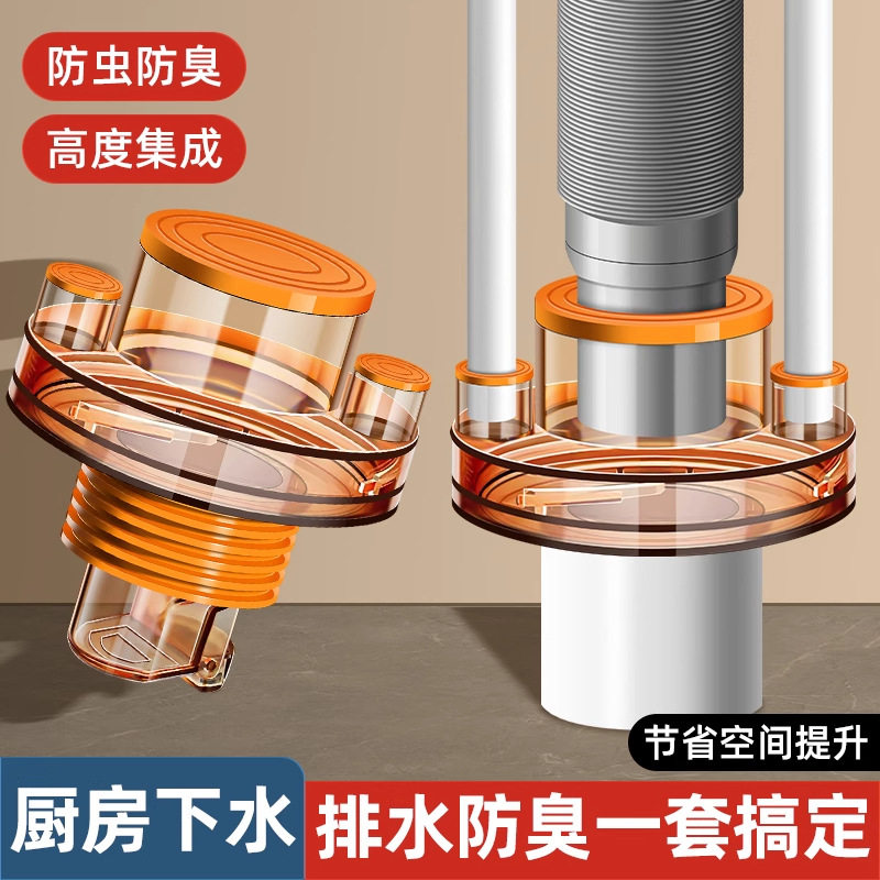 厨房下水管净水器三通接头水槽洗菜盆洗碗机密封塞三头通防臭
