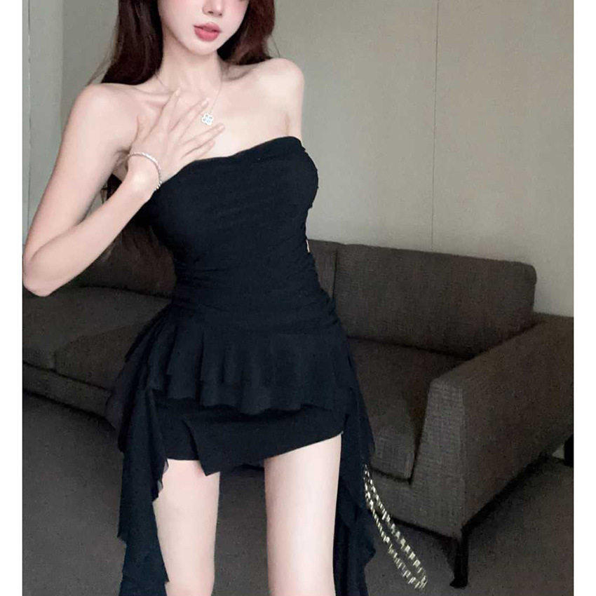 法式荷叶边飘带抹胸背心女性感辣妹无袖外穿短款上衣