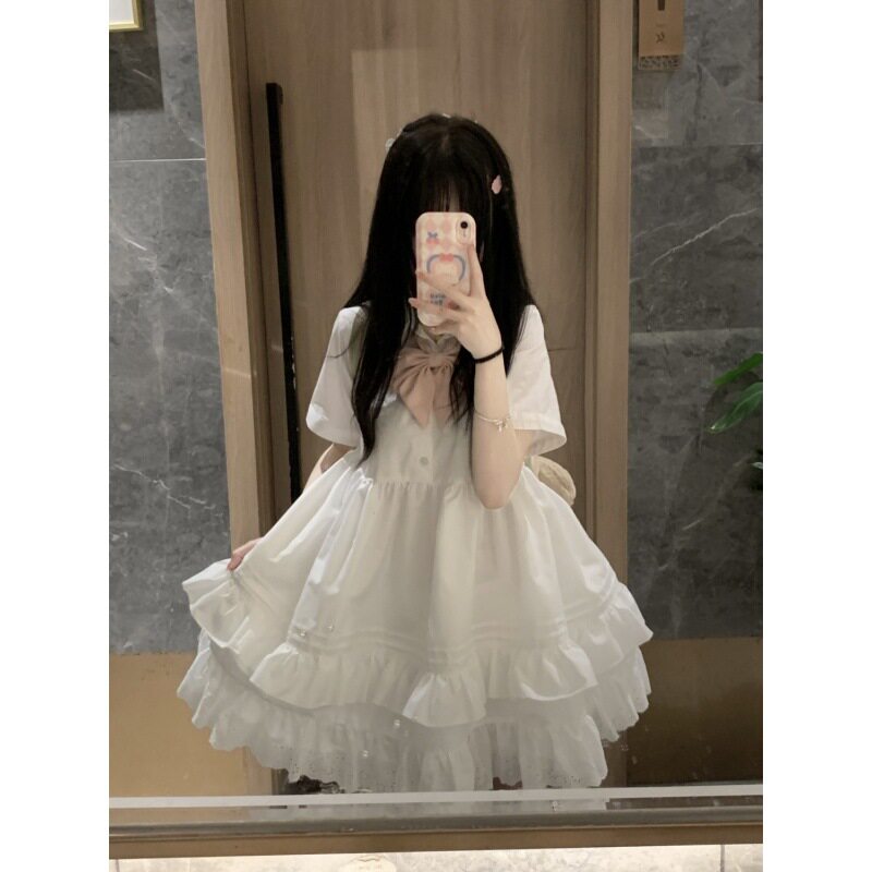 Z小清新软妹甜美蝴蝶结连衣裙女学生学院风韩版宽松百搭短袖蛋糕
