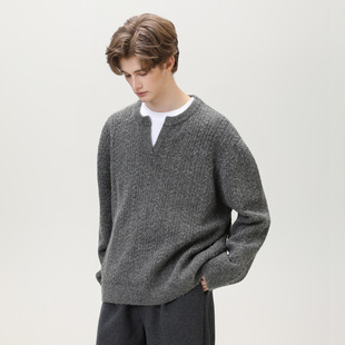 慵懒风肌理绞花小v领毛衣男秋冬新款复古宽松潮牌美式针织衫外套