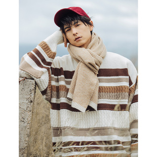 FEI OREETA秋冬条纹绞花拼接圆领毛衣男宽松潮牌情侣休闲针织衫