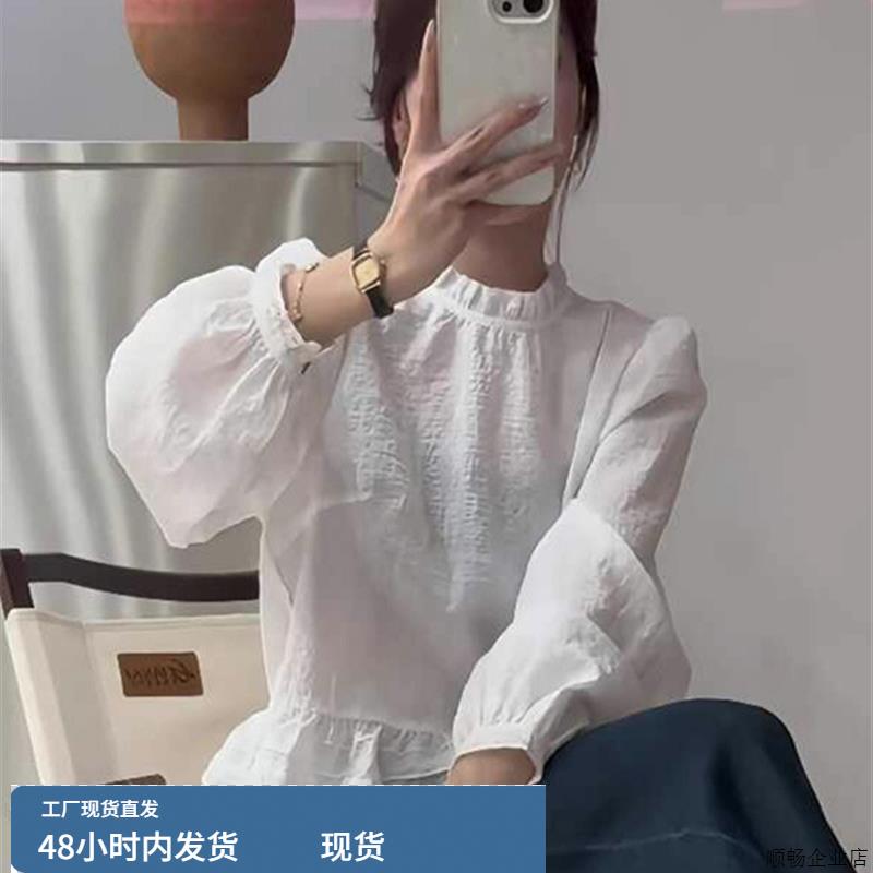 白色花边圆领长袖衬衫女春秋欧货薄款微透灯笼袖娃娃衫雪纺上衣