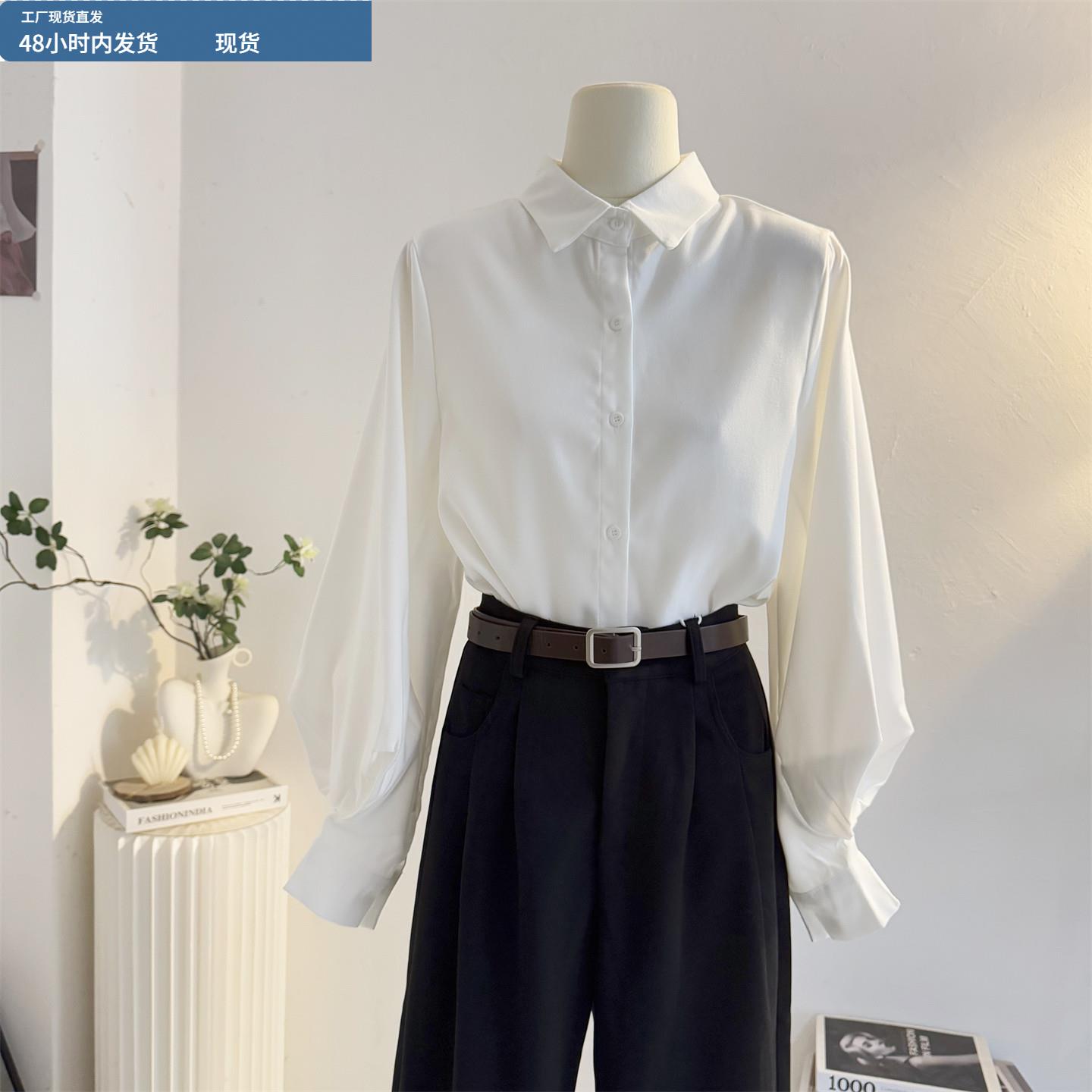 白色翻领灯笼袖衬衫女2025秋设计感气质通勤磨毛长袖衬衣职业上衣