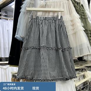 复古文艺风格 休闲简约木耳边A字中裙163Q 子半身裙女2026春夏新款