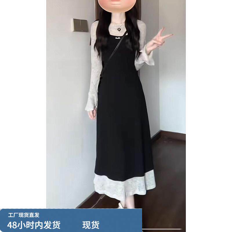秋季设计感拼色减龄假两件长袖连衣裙女大码微胖mm显瘦遮肉长裙子