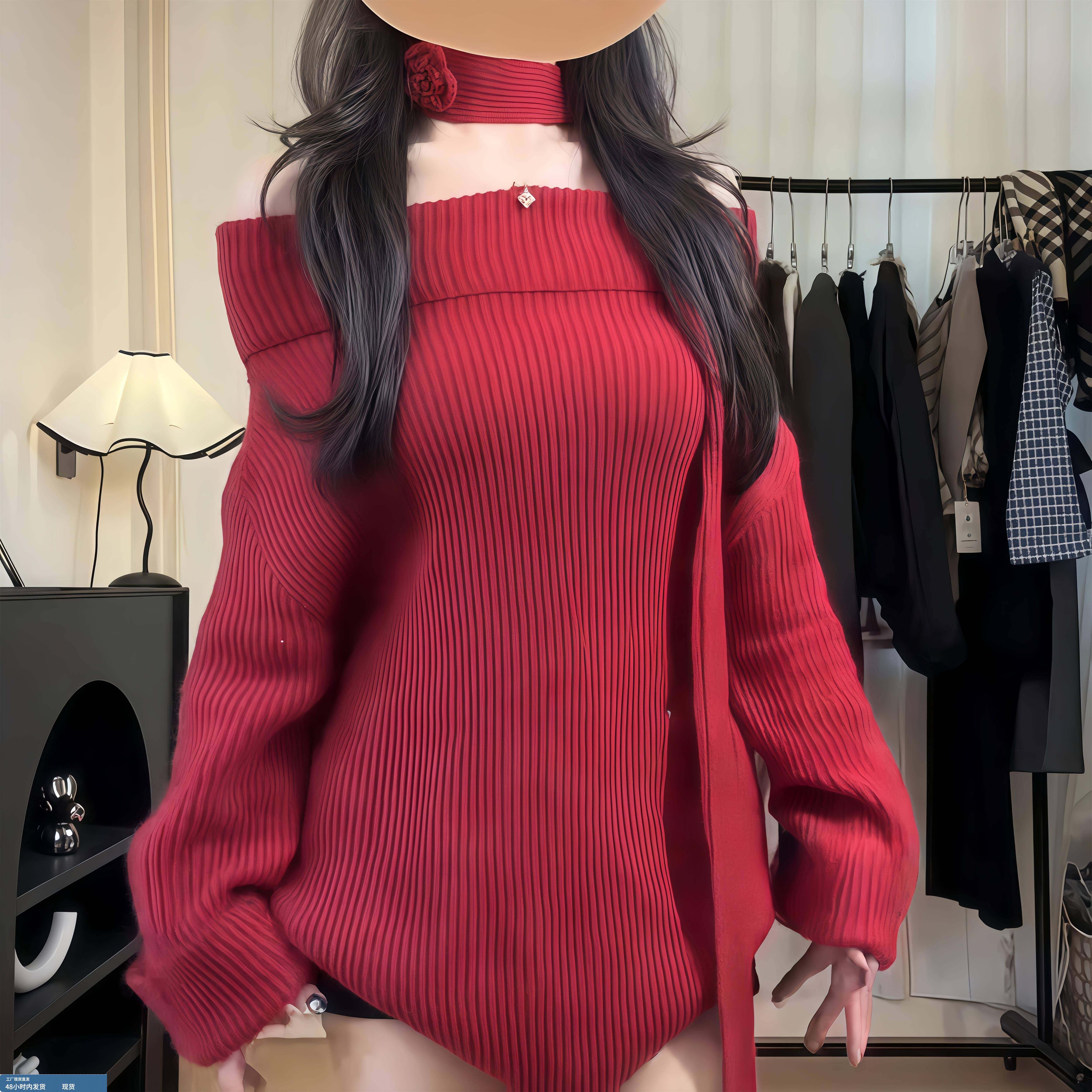 大码女装新款慵懒风宽松上衣秋冬季微胖MM高级感红色一字肩针织衫