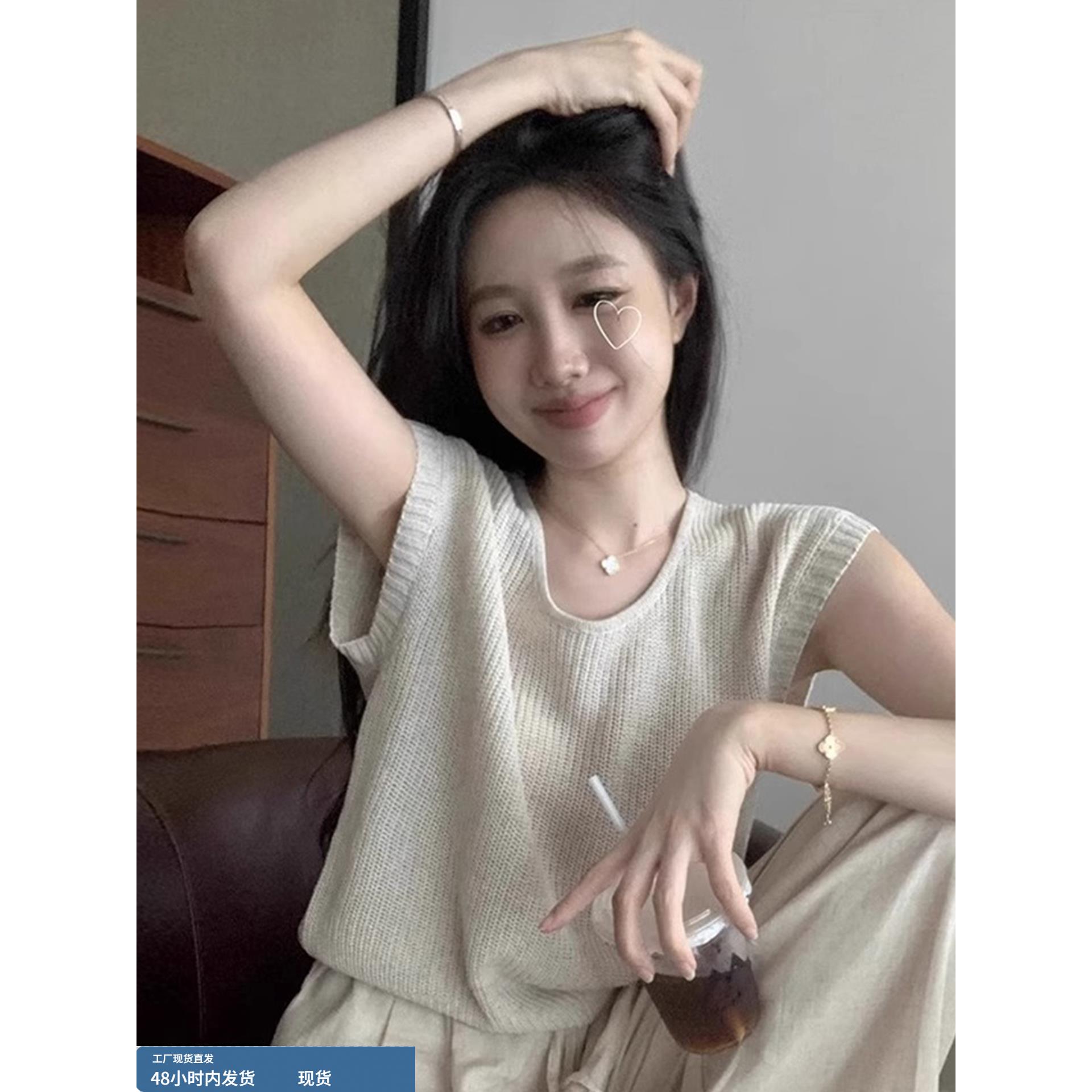 杏色冰丝针织衫短袖女夏季小个子宽松休闲薄款t恤镂空小飞袖上衣