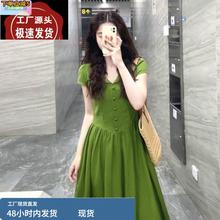简单大方的裙子复古绿色v领短袖连衣裙超好看温柔气质收腰长裙子