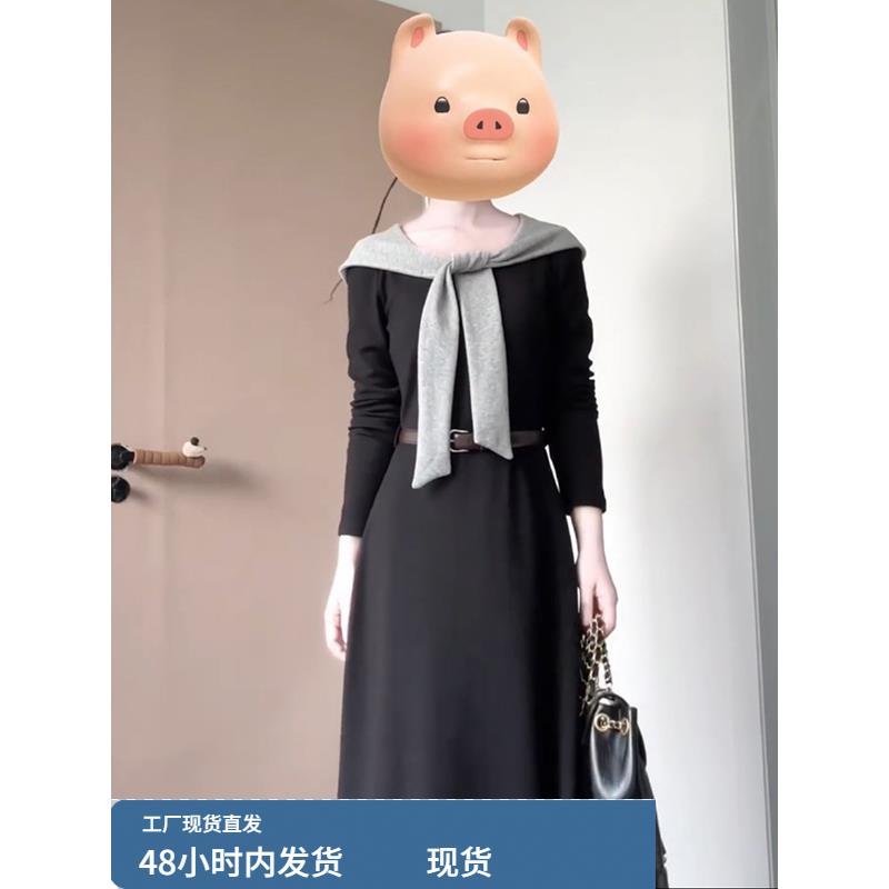 法式长袖连衣裙女秋季2025新款大码胖mm赫本风气质收腰显瘦小黑裙