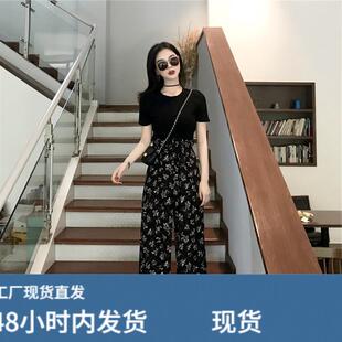 夏季大尺码女装胖mm韩版显瘦套装微胖妹妹遮肉宽松雪纺阔腿裤两件
