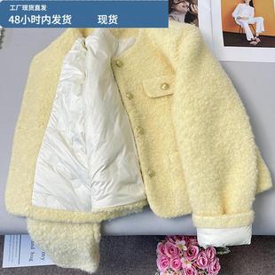 鹅黄色小香风羽绒服外套女秋冬季2025新款小个子加绒加厚短款棉服