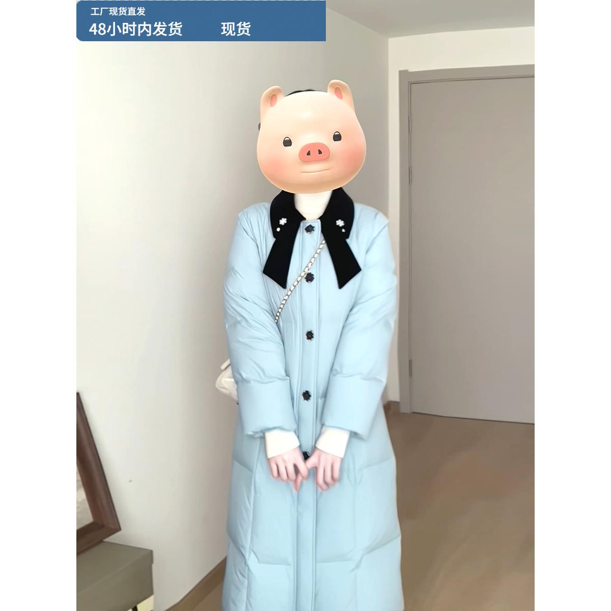 冬季新中式覆古蝴蝶结领单排扣中长款保暖羽绒服黑撞蓝色系带外套