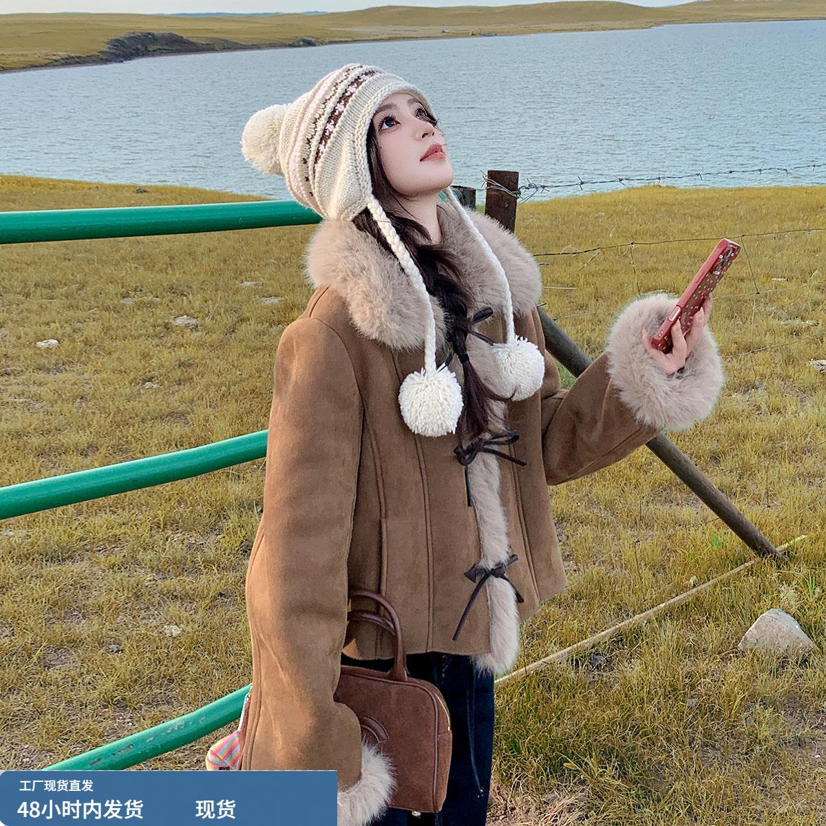 焦糖色皮毛一体羊羔毛外套女冬短款加厚小个子2025新款羊羔绒夹克