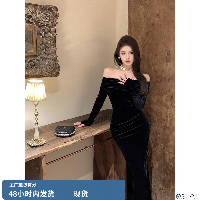 重要场合漂亮黑色丝绒连衣裙女早秋季高级感气质收腰宴会礼服裙子