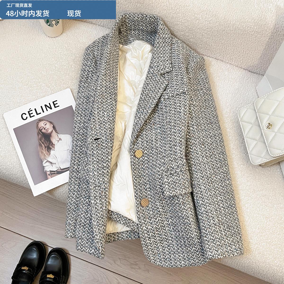 蓝色内里羽绒西装外套女2025冬季新款高级设计感小众气质通勤西服