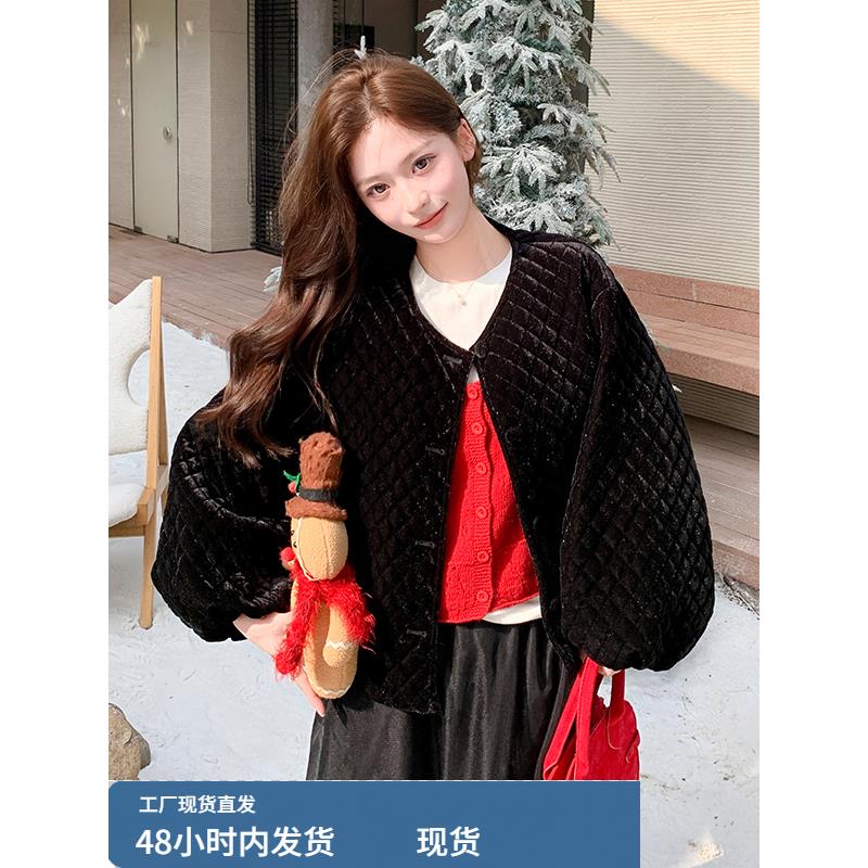 黑色菱形格金丝绒夹棉外套女冬季2025今年流行韩系独特超火短棉服