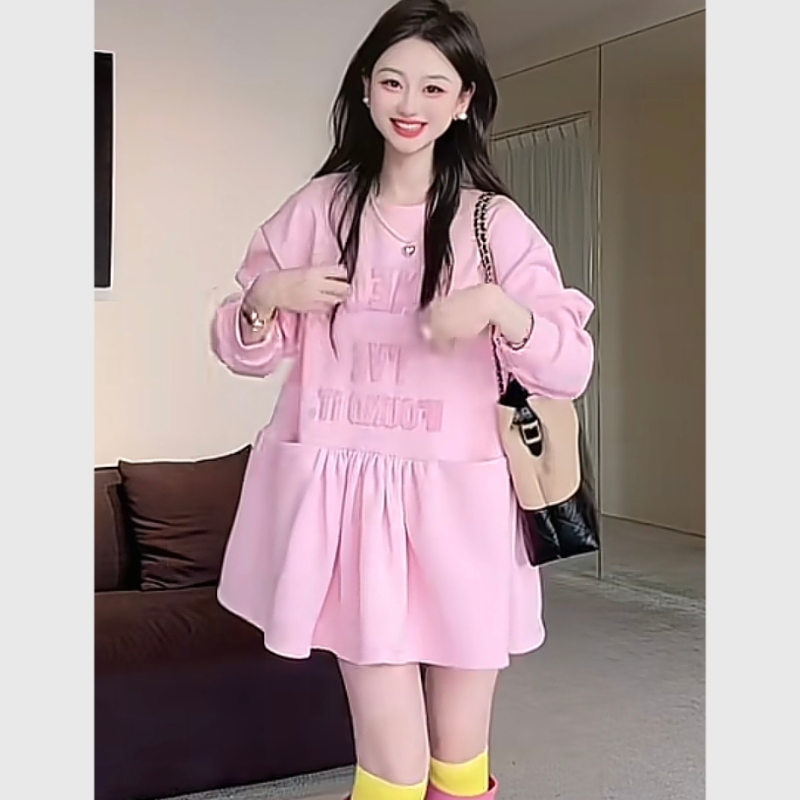 【XCZ】新款慵懒风时尚原创拼接套头显瘦减龄休闲长袖圆领卫衣裙