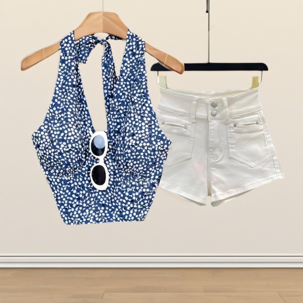 法式挂脖碎花小吊带背心女夏季外穿美背辣妹性感露脐短款抹胸上衣