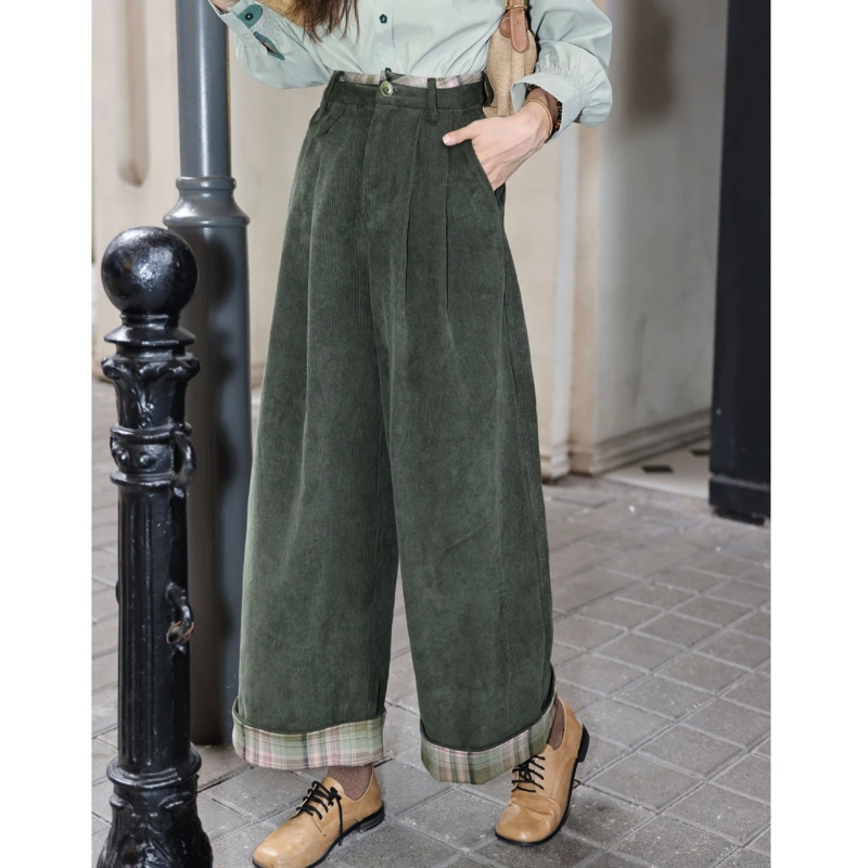 灯芯绒撞色裤子2025新款高腰显瘦百搭休闲裤女宽松直筒阔腿长裤子