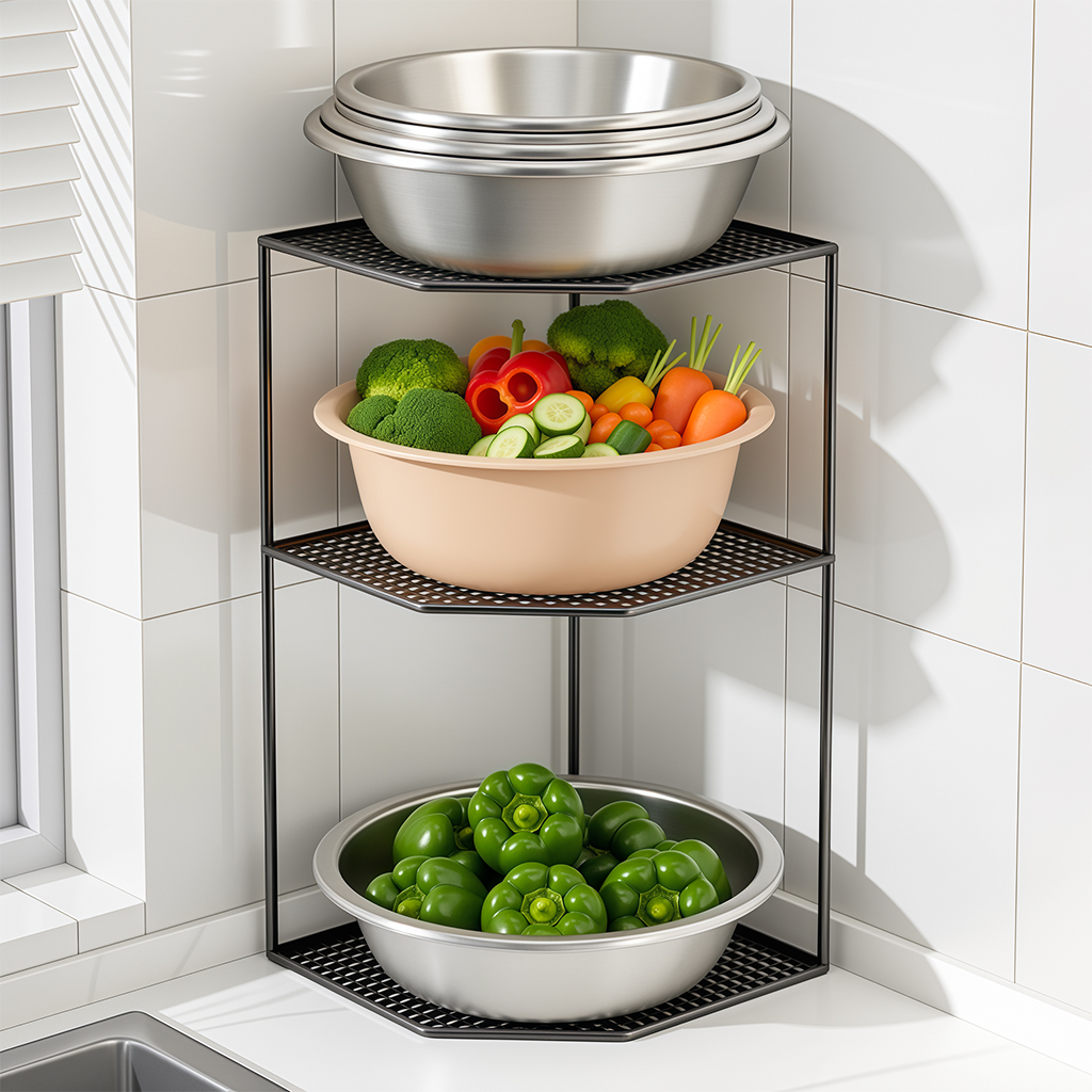 厨房收纳菜篮置物架转角三角锅架收纳盆子三脚架台面放洗菜盆架子