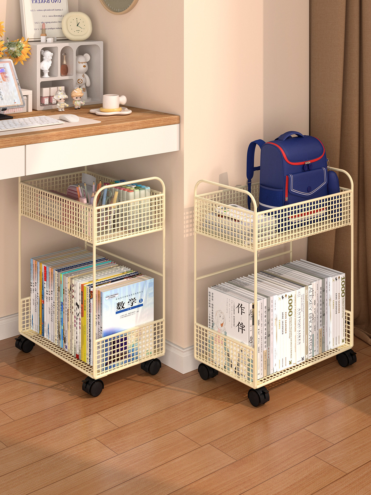 桌下置物架书桌旁小书架可移动落地小推车分层收纳书包书本收纳架,收纳整理,整理架/置物架/收纳架,淘宝优惠券,粉丝福利购,淘宝优惠卷