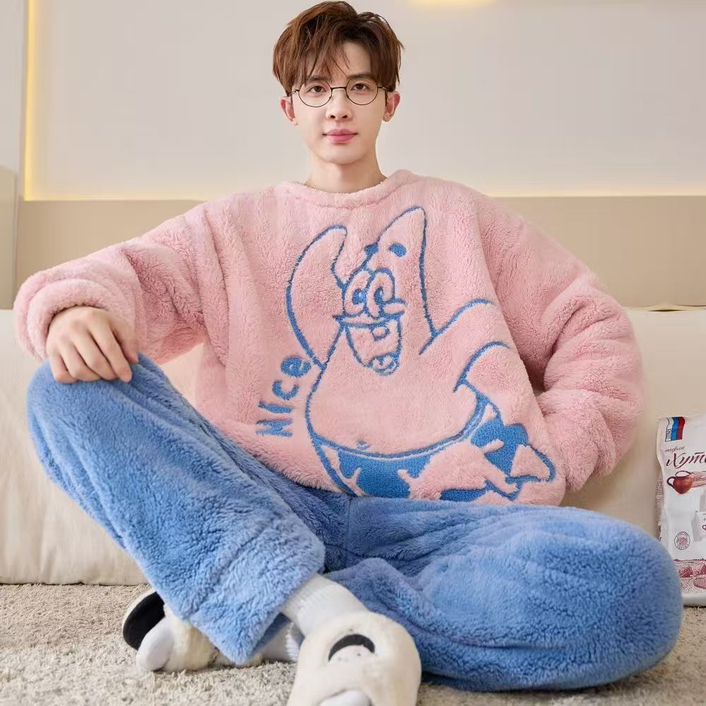 珊瑚绒睡衣男士冬季加厚加绒青少年卡通法兰绒保暖大码家居服套装