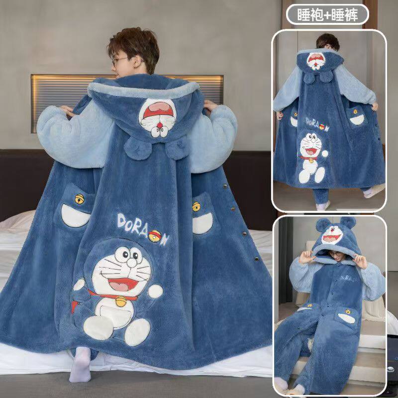 冬季珊瑚绒睡袍男加厚长款男士睡衣加肥加大码卡通加绒家居服套装