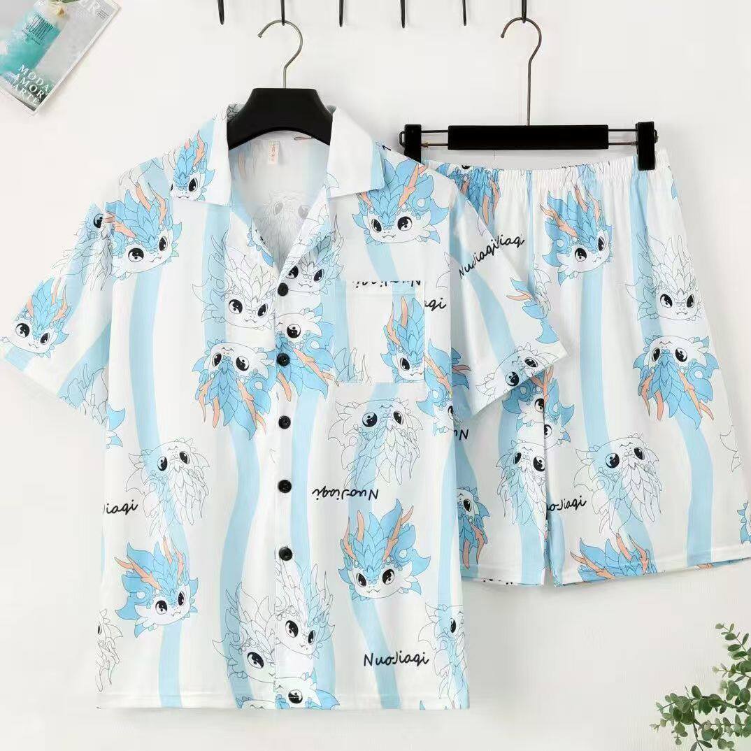 男士睡衣短袖睡衣男夏季开衫加肥加大码青少年卡通休闲家居服套装