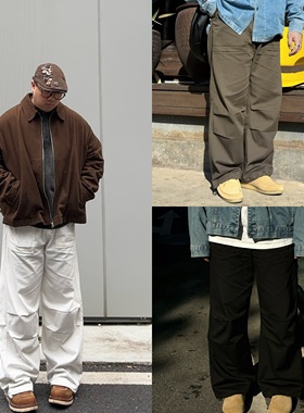 oops鹅噗丝大码工装长裤复古宽松直筒阔腿休闲裤基础松紧潮裤男女