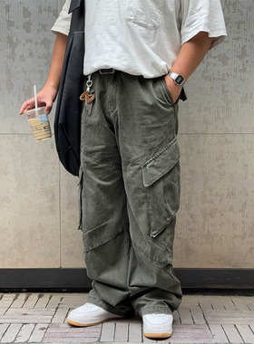 oops鹅噗丝春夏大码水洗重磅工装裤宽松大口袋松紧复古直筒休闲裤