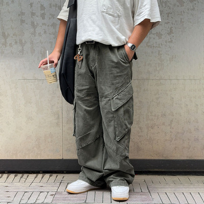 oops鹅噗丝春夏大码水洗重磅工装裤宽松大口袋松紧复古直筒休闲裤